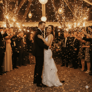 Novios disfrutando de uno de los momentos musicales clave de la boda: el primer baile rodeados de invitados con bengalas.